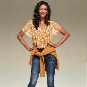 CABI Thrive Top Butterscotch Yellow w/ White Floral Print Double Layer US Sz L